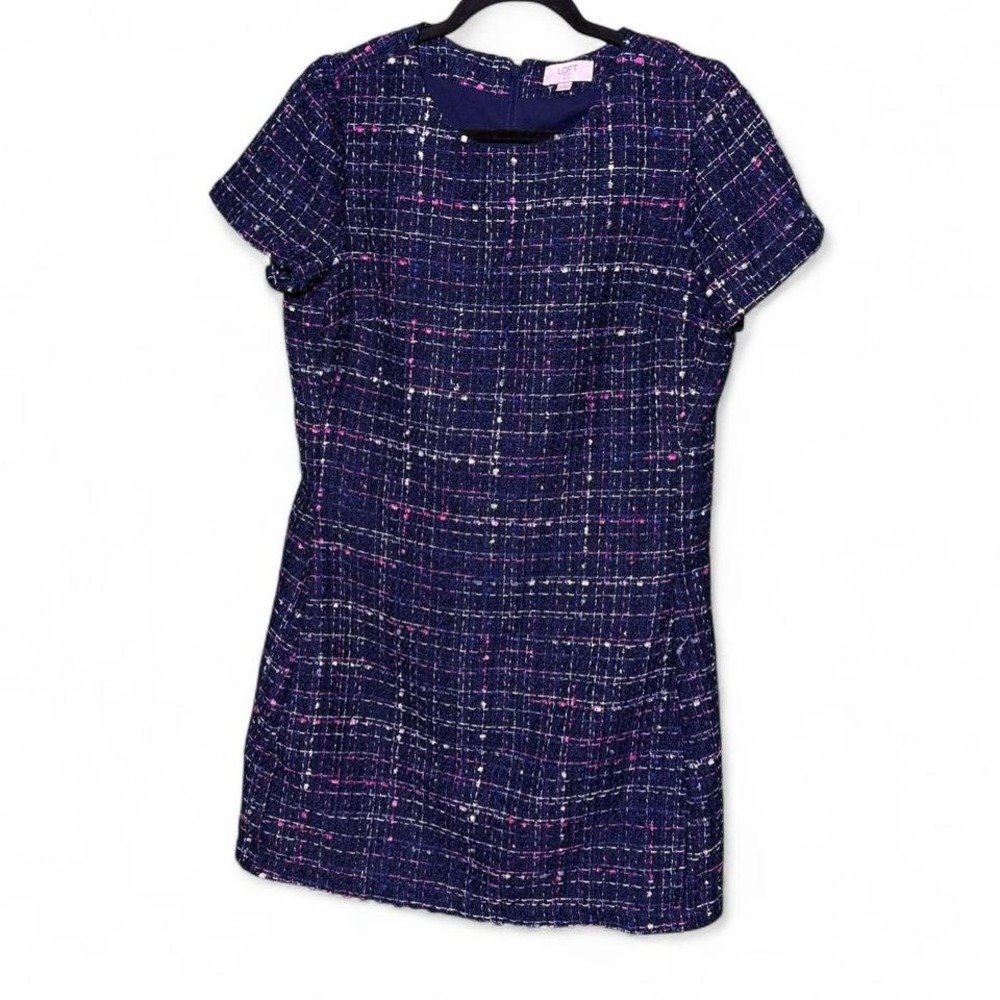 Loft Outlet size 12P navy blue tweed mini dress with pink accents